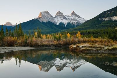 Scenic view of lake and mountains against clear sky