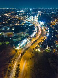 High angle view of illuminated city street