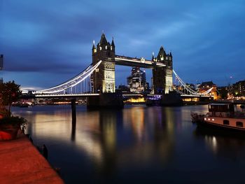 View of bridge over river at night