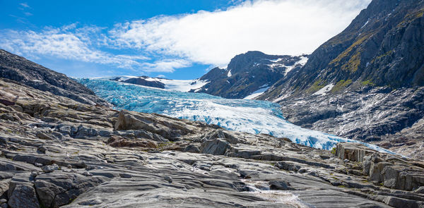 Scenic view of snowcapped mountains against sky