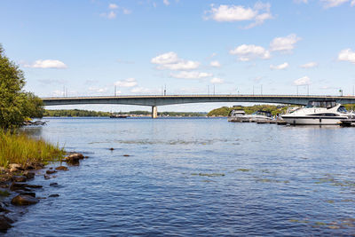 Bridge over river against sky in city