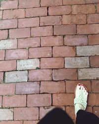 Low section of woman standing on brick wall