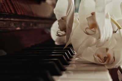 Close-up of piano keys on table