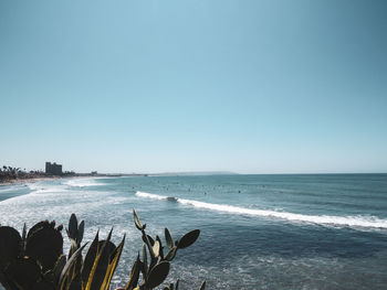 Scenic view of sea against clear blue sky