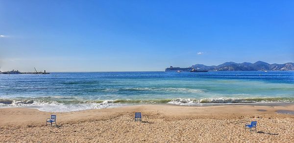 Scenic view of sea against clear blue sky