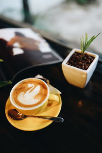 High angle view of coffee on table