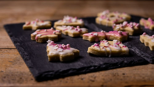 High angle view of dessert on cutting board