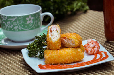 Close-up of dessert in plate on table