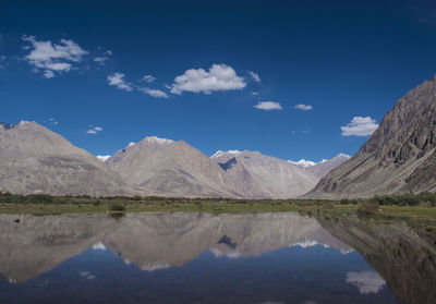 Scenic view of lake and mountains against blue sky