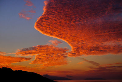 Scenic view of silhouette mountain against orange sky