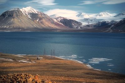 Scenic view of snowcapped mountains against sky