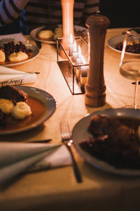 High angle view of food served on table