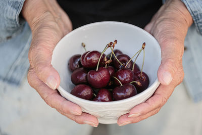 Hands of elderly woman holding a bowl of ripe cherries