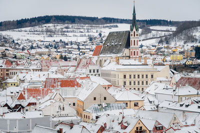 High angle view of houses in city during winter