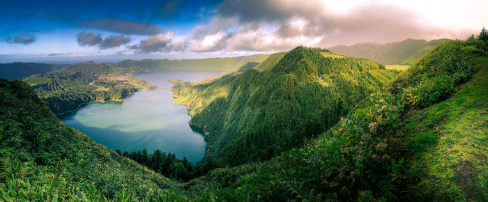 Panoramic view of green landscape against sky