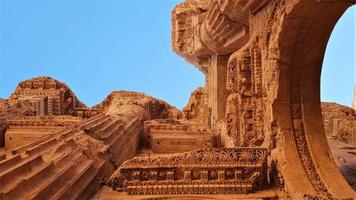 Low angle view of old temple against clear sky