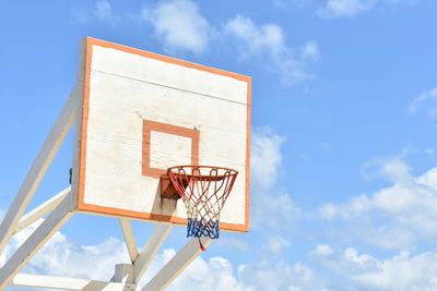 Low angle view of basketball hoop against blue sky