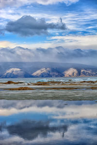 Scenic view of sea and mountains against sky