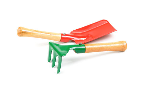 High angle view of equipment on table against white background