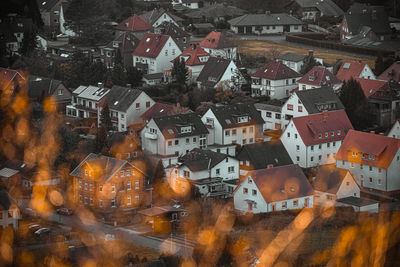 High angle view of street amidst buildings in city