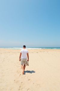 Rear view of man walking on beach against clear sky