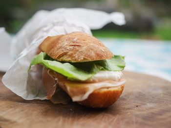 Close-up of burger on table