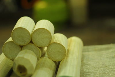 Close-up of stack on table