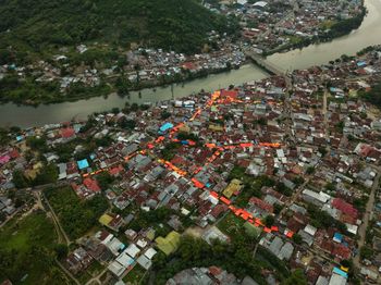 High angle view of trees in city