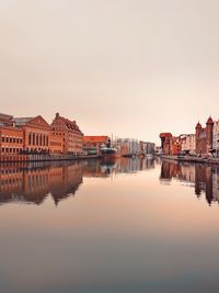 Buildings by river against clear sky during sunset in city. gdansk