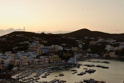 High angle view of townscape against sky at sunset