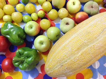 High angle view of fruits and vegetables on table