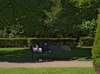 People sitting on grass against trees