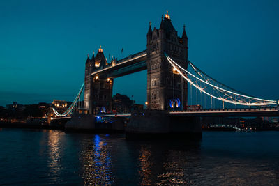Illuminated bridge over river at night