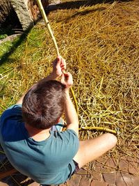 High angle view of boy on field