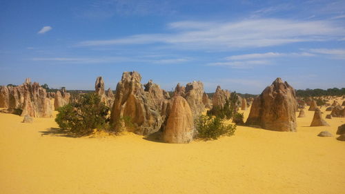 Panoramic view of rock formations on landscape against sky