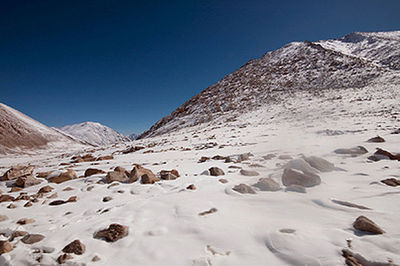 Scenic view of snowcapped mountain against blue sky