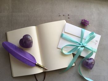 Close-up of feather and envelope on table