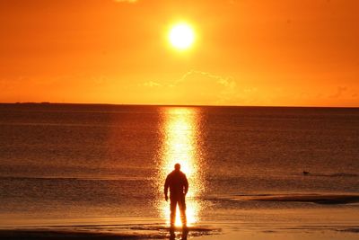 Rear view of silhouette man standing at beach during sunset