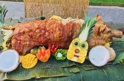 High angle view of meal served on table