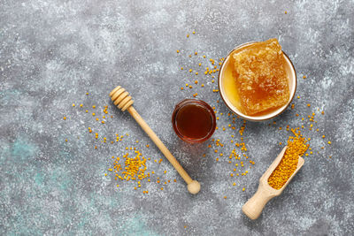 High angle view of food on table against black background