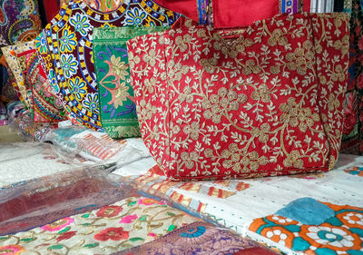 Close-up of multi colored pattern on bed