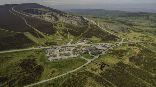 High angle view of road amidst field