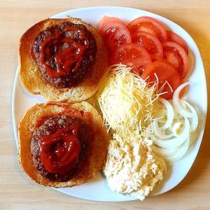 High angle view of breakfast served on table