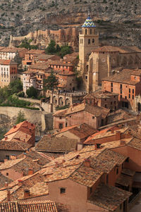 High angle view of town in city