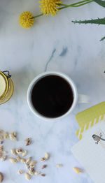 High angle view of coffee on table