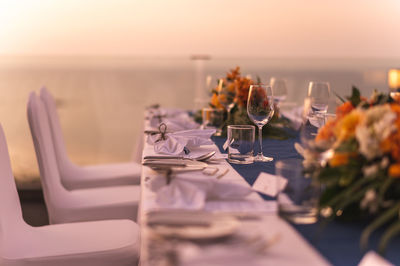 Glass of wine on table at restaurant