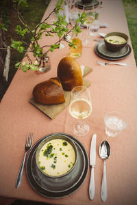 High angle view of breakfast served on table