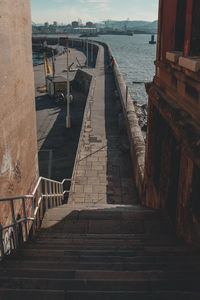 High angle view of staircase by sea against sky