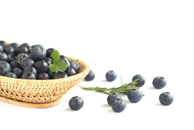 Close-up of fruits in basket against white background