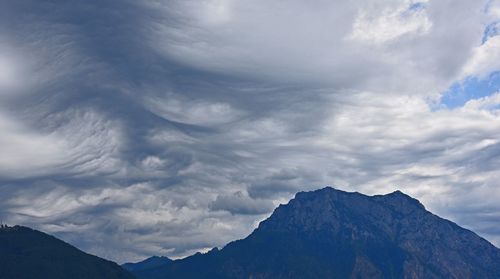 Low angle view of snowcapped mountains against sky